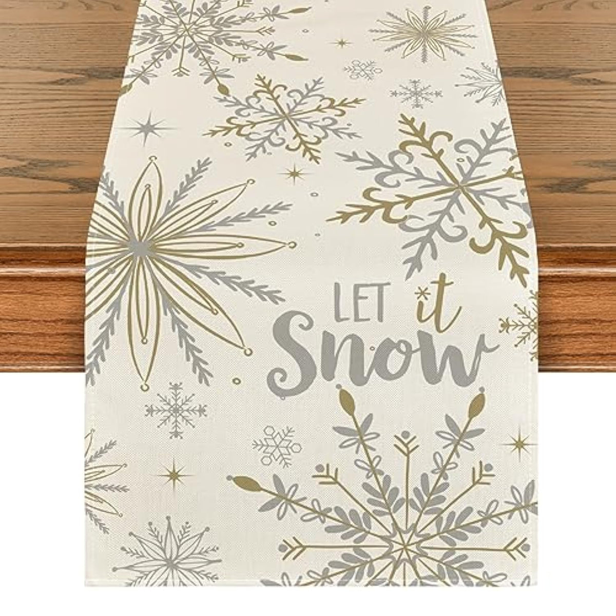 Beige Snowflake Let It Snow Winter Table Runner, Seasonal Christmas Kitchen Dining Table Decoration For Home Party Decor 13X72 Inch