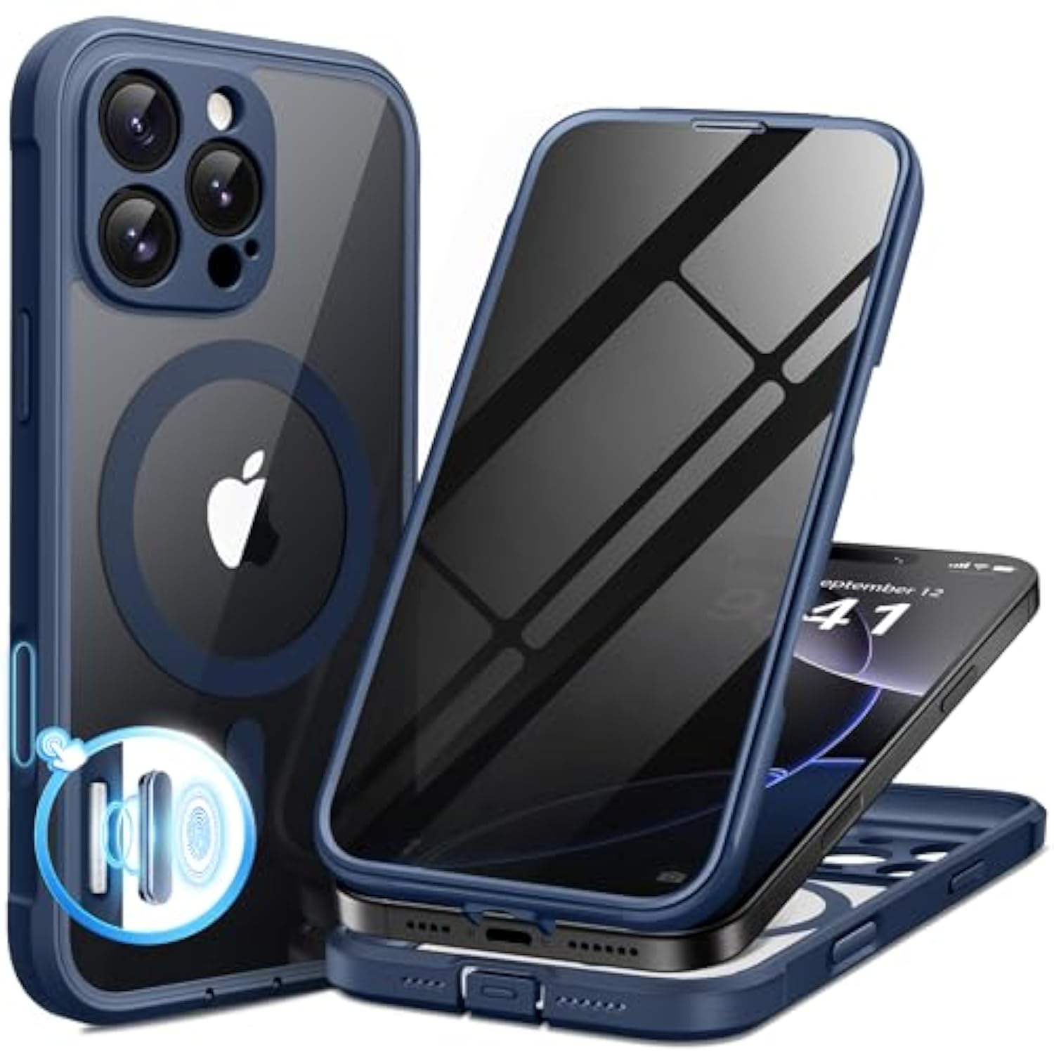 For Iphone 16 Pro Case, Compatible With Magsafe, Built-In Privacy Screen Protector And Camera Protection, Anti-Spy Full Body Shockproof Clear Phone Case For 16 Pro 6.3", Blue