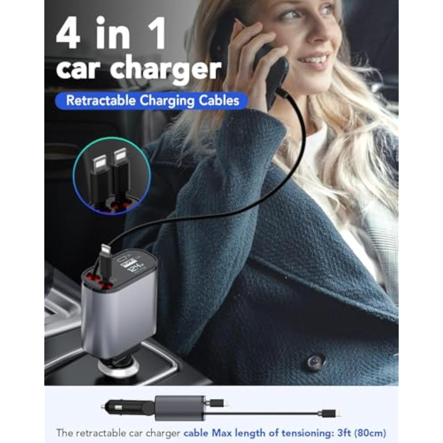 Retractable Car Charger, 4 In 1 Fast Charging 69W, Cigarette Lighter Adapter 2 Retractable Iphone Cables And Usb Car Charger,Compatible With Iphone 15/14/13/12/11,Galaxy,Pixel