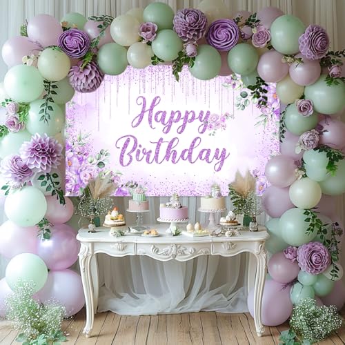 Happy Birthday Backdrop Banner for Girls Women Happy Birthday Party Decorations Floral Glitters Bday Banner Party Supplies (Purple, 6x3.6ft)
