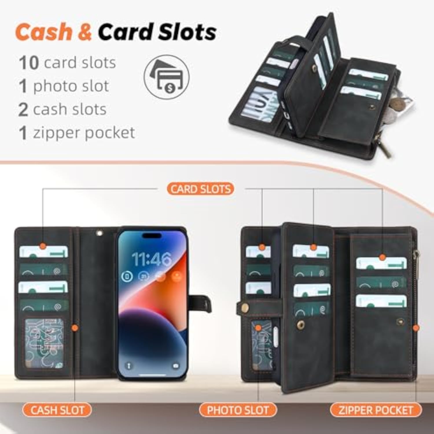 Leather Wallet Case for iPhone 17 Pro Max with 11 Card Holders, Black