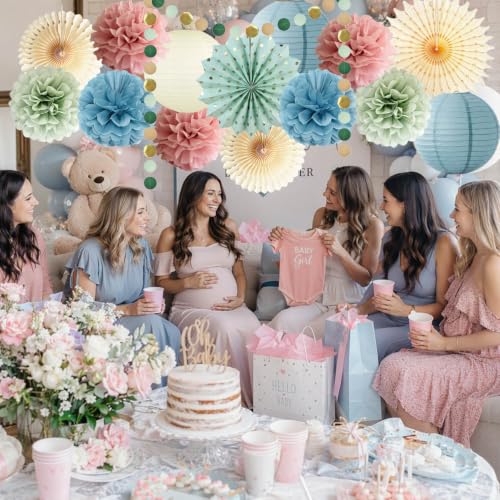Dusty Rose Pink and Blue Party Decorations Dusty Blue Paper Lantern Sage Green Tissue Pom Poms Beige Paper Fans Circle Dot Garlands for Retro Gender Reveal Baby Shower Birthday Bridal Party Decoration
