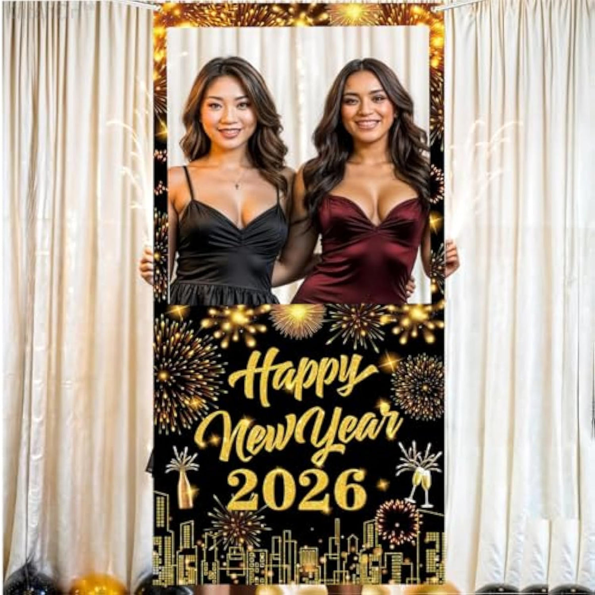 2026 New Year Photo Booth Frame Banner for Party and Firework Backdrop Decor