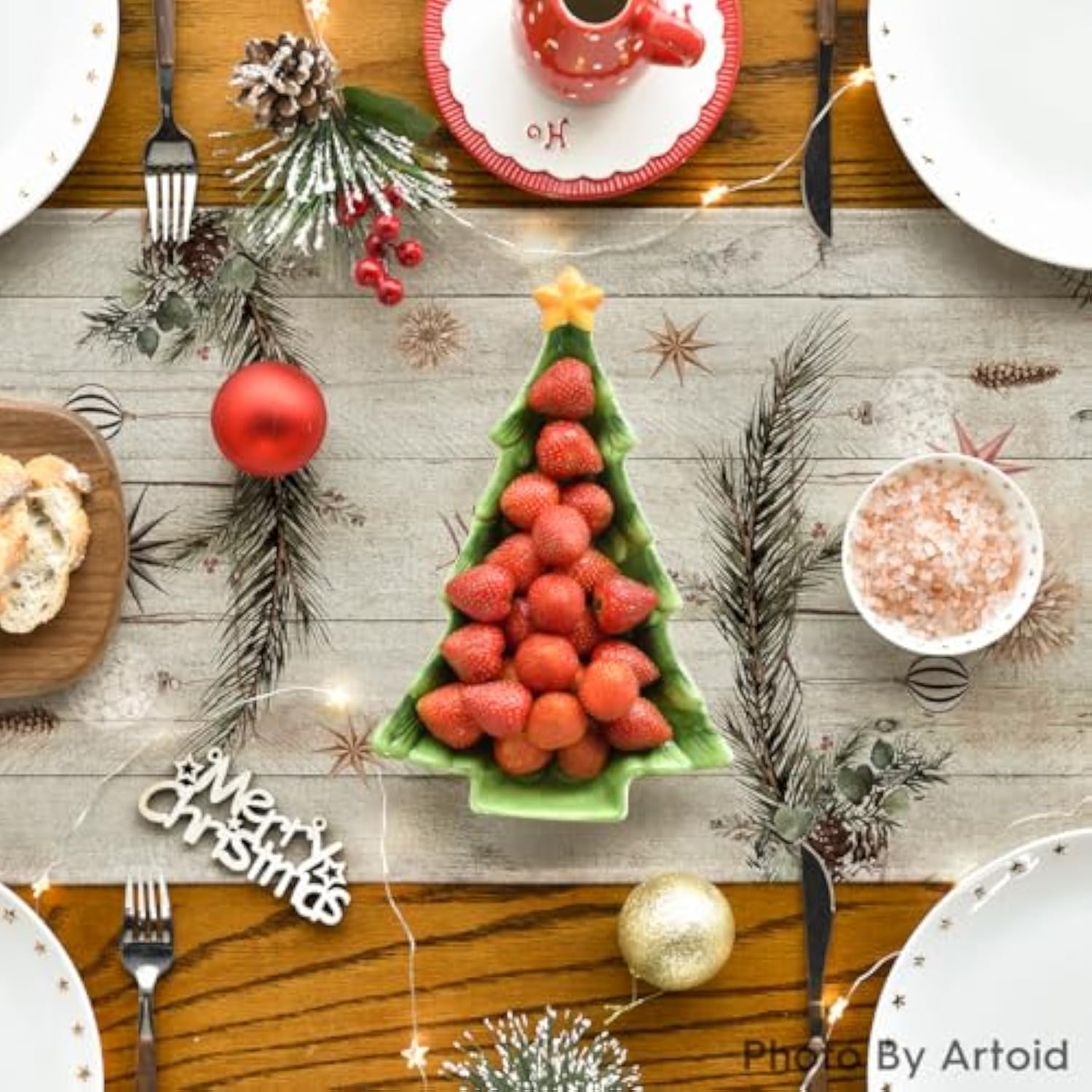 Xmas Trees Holly Pine Cone Christmas Table Runner, Seasonal Winter Wood Kitchen Dining Table Decoration For Home Party Decor 13X72 Inch