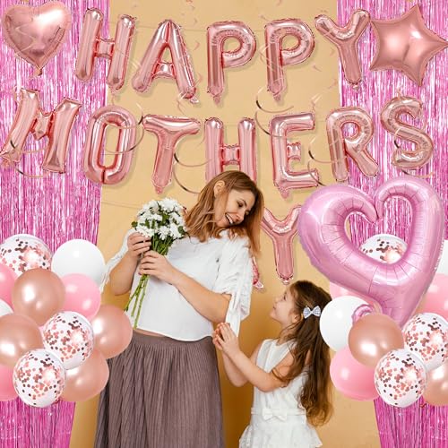 Mothers Day Decorations, 48PCS Included Happy Mothers Day Pink Rose Gold Balloon, Hanging Swirls and Pink Foil Fringe Curtain, Happy Mothers Day Decorations for Party
