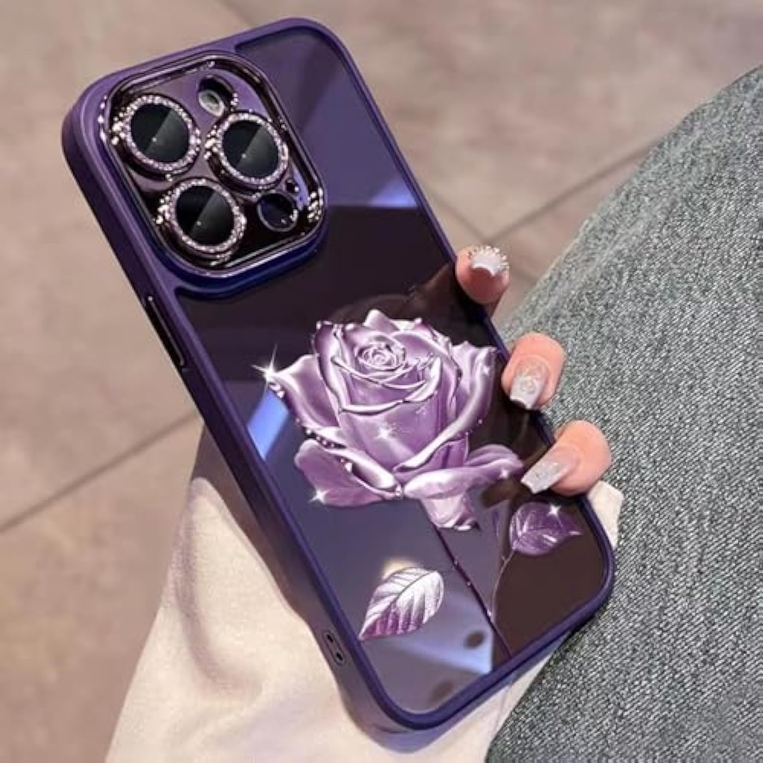 For Iphone 16 Pro Max Fairy Rose Clear Case,Cute Flower Floral With Glitter Bling Sparkly Camera Lens Protector Soft Tpu Bumper Shockproof Women Girls Case For Iphone 16 Pro Max 6.9" (Purple)