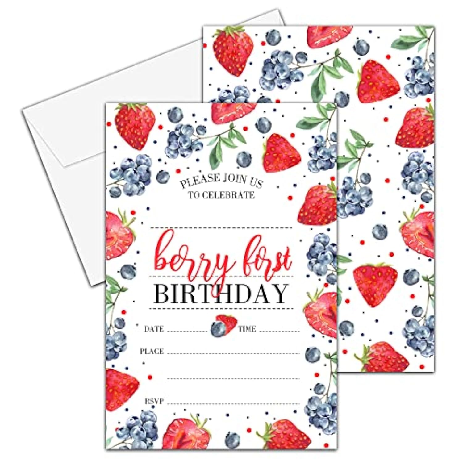 Birthday Invitations, 4"X6" Berry First Strawberry And Blueberry Birthday Party Invitations With Envelopes For Baby Girl 1St Birthday Party Decorations Supplies(20 Pieces)-C05