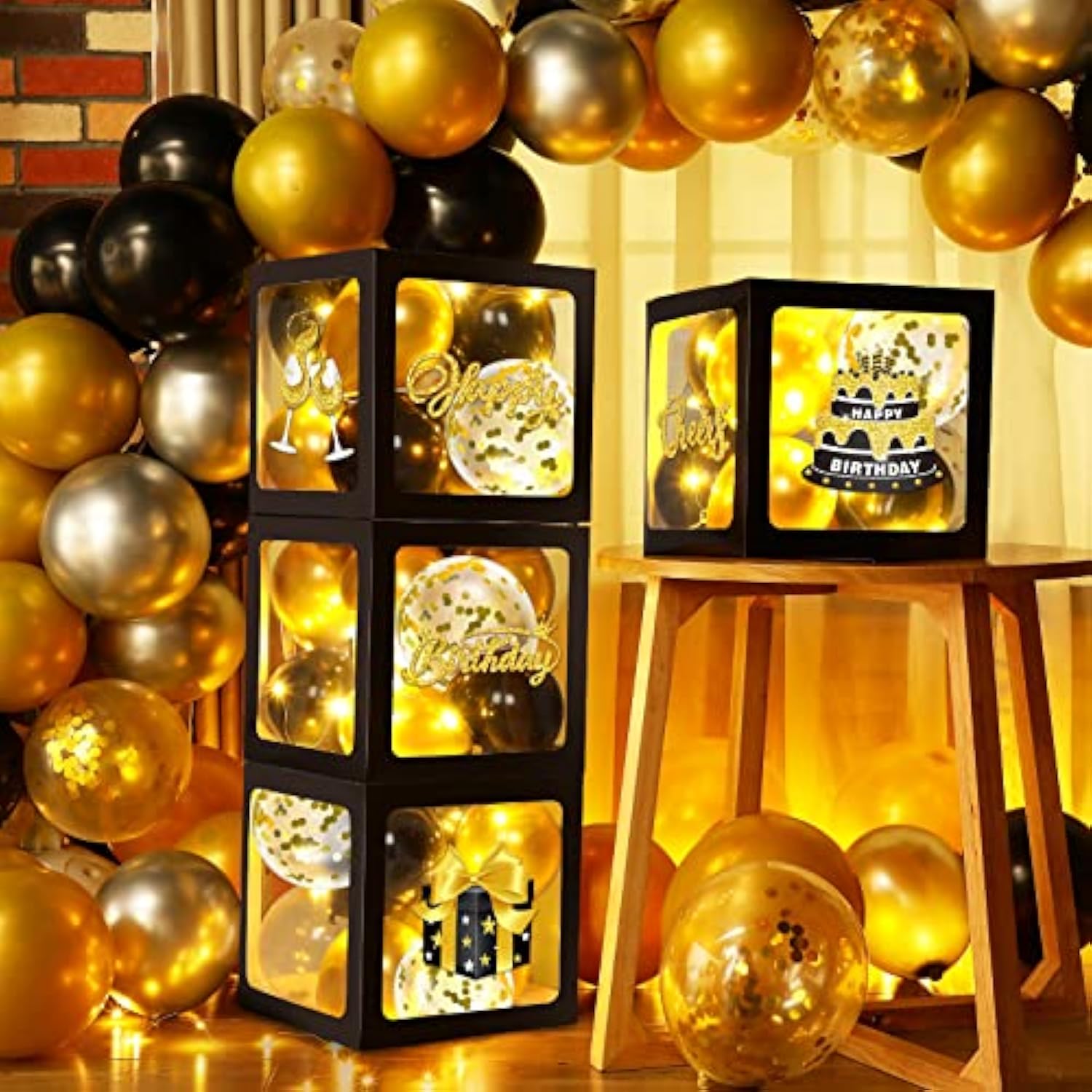 51 Pcs Gold And Black Birthday Party Decorations For Men Women Black And Gold Birthday Balloon Boxes With Led Light And Stickers Backdrop Photo Props For Party Supply Balloon Arch Kit