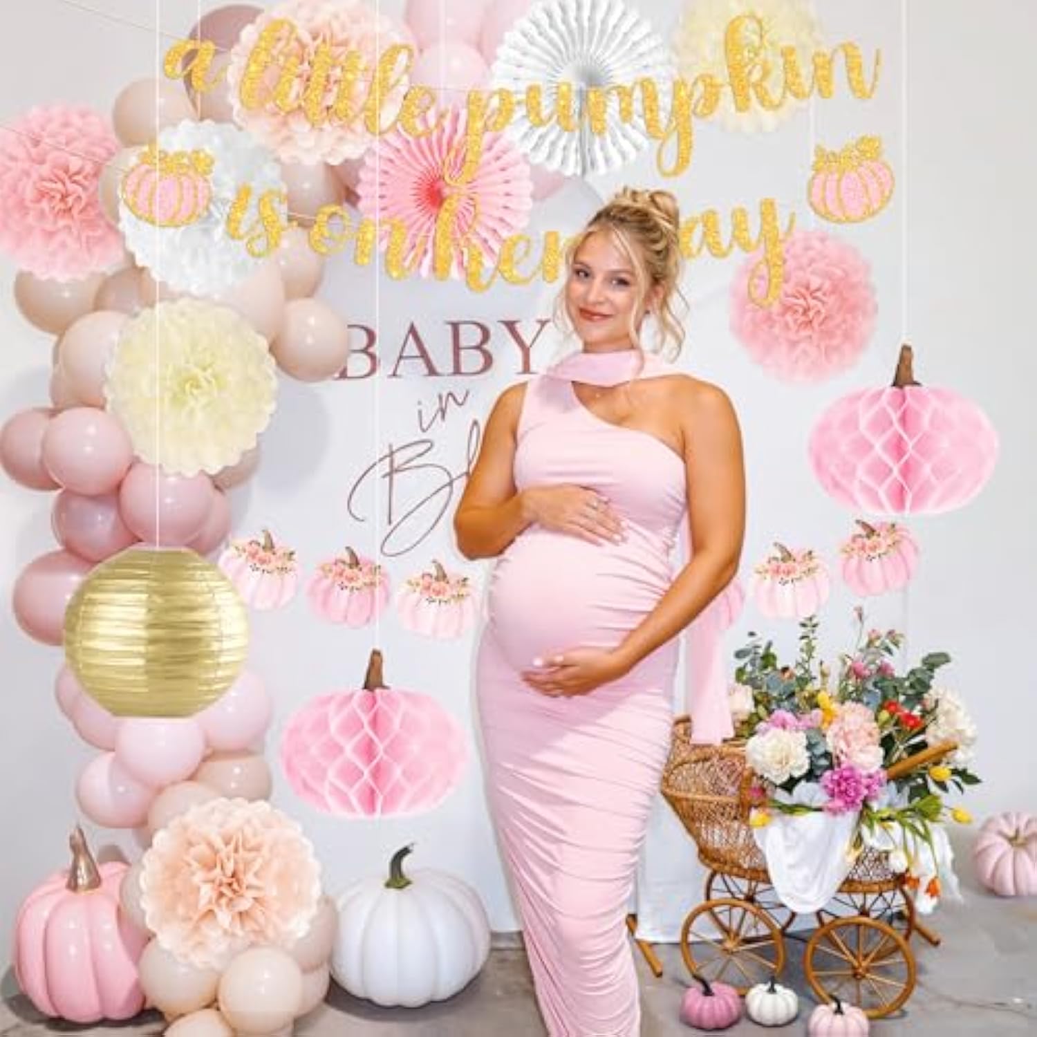Little Pumpkin Baby Shower Decorations For Girl 15 Pcs Pink Fall Baby Shower Decorations With A Little Pumpkin Is On Her Way Banner, Tissue Pom-Poms, Paper Lantern For It'S A Girl Party