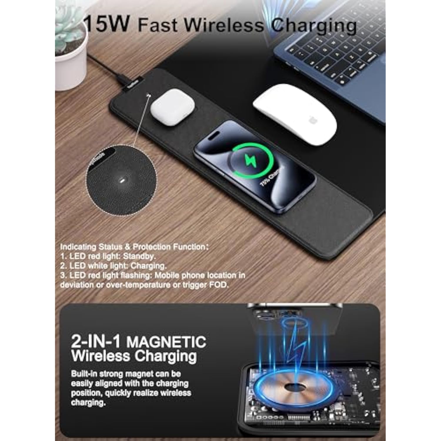 Wireless Charging Mouse Pad, Waterproof Gaming Mousepad With Ultra-Smooth Surface, Non-Slip Base, 31.5"X15.75" Xxl Large Desk Pad, Classic Black Computer Desk Mat For Macbook, Pc, Laptop