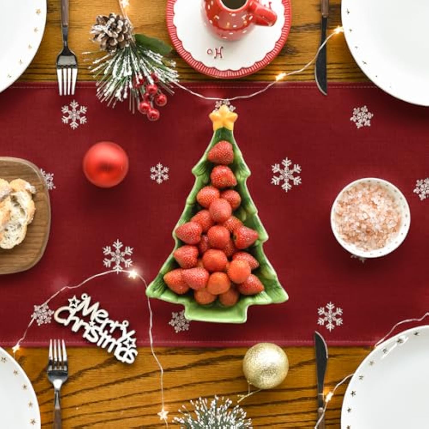 Xmas Trees Snowflakes Red Merry Christmas Table Runner, Winter Seasonal Kitchen Dining Table Decoration For Home Party Decor 13X36 Inch