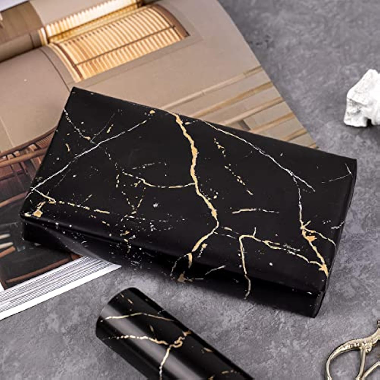 Reversible Wrapping Paper - Mini Roll - 17 Inch X 33 Feet - Black And Gold Marble Design, Perfect For Birthday, Holiday, Father'S Day, Baby Shower