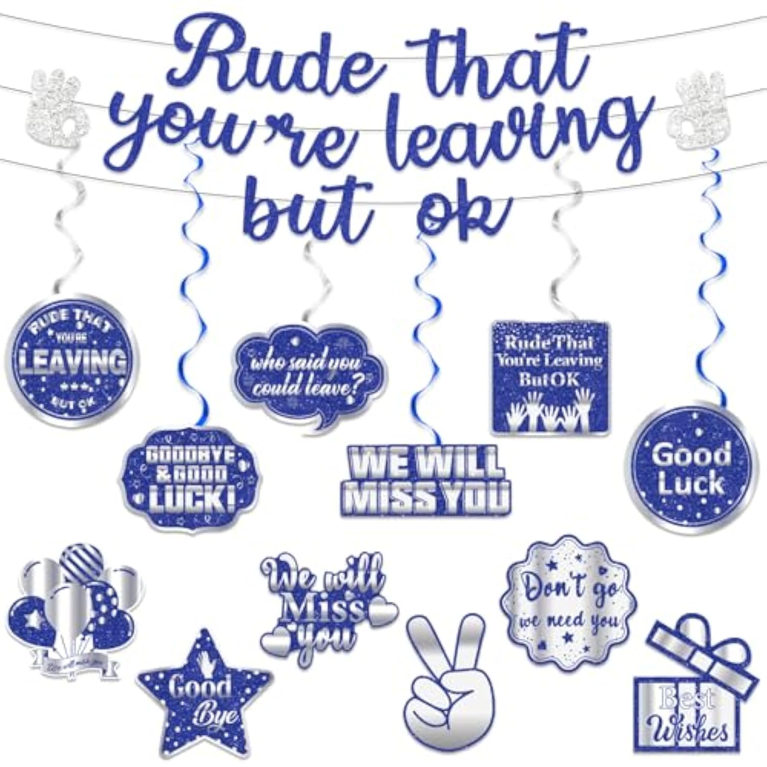 Pre-Strung Rude That You'Re Leaving But Ok Glitter Banner, Blue Silver Going Away Party We Will Miss You Decorations, Great For Goodbye Farewell Job Change Party