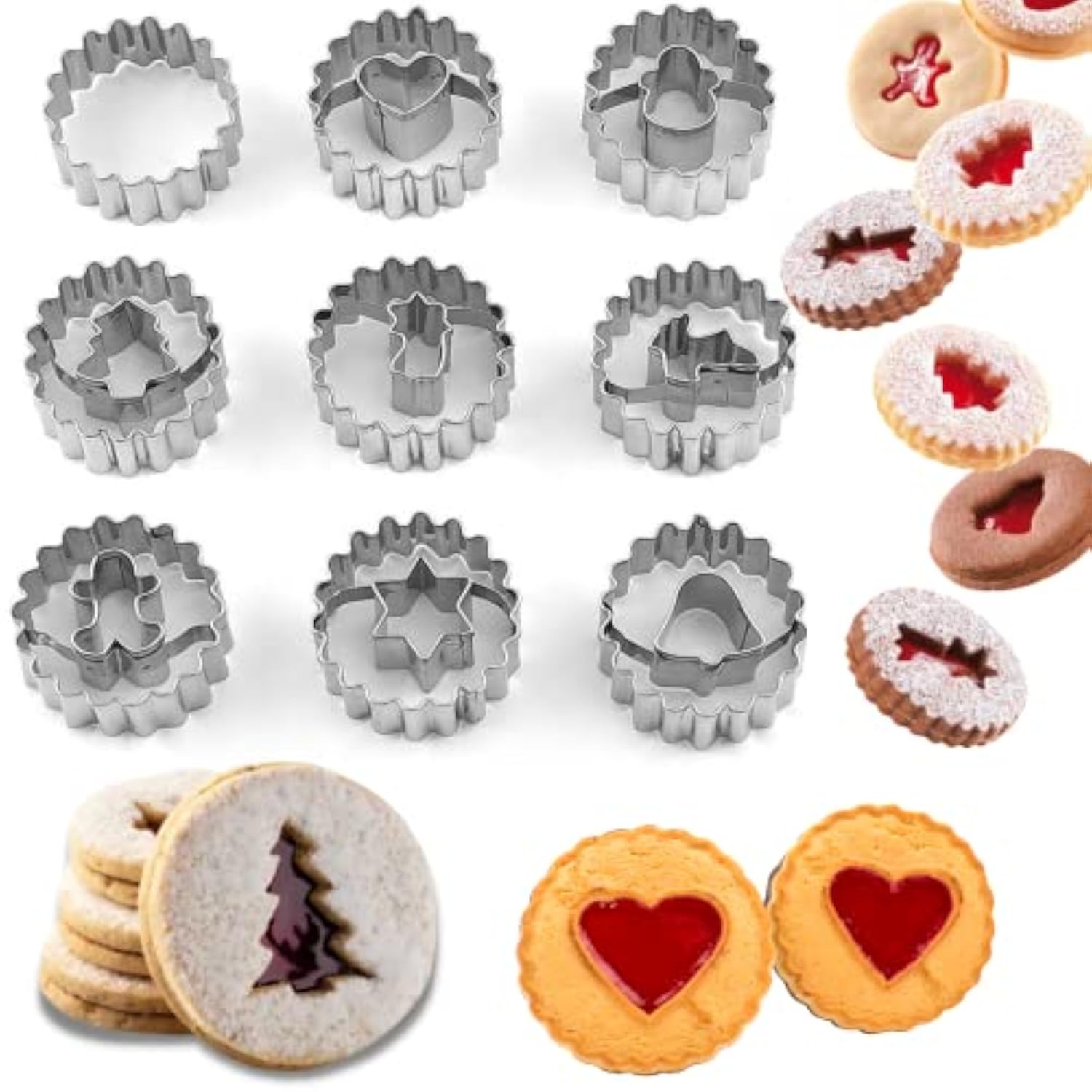 9 Pcs Mini Linzer Cookie Cutters Set, Stainless Steel - Christmas Tree, Gingerbread Man, Snowman, Elk For Winter Holiday Baking
