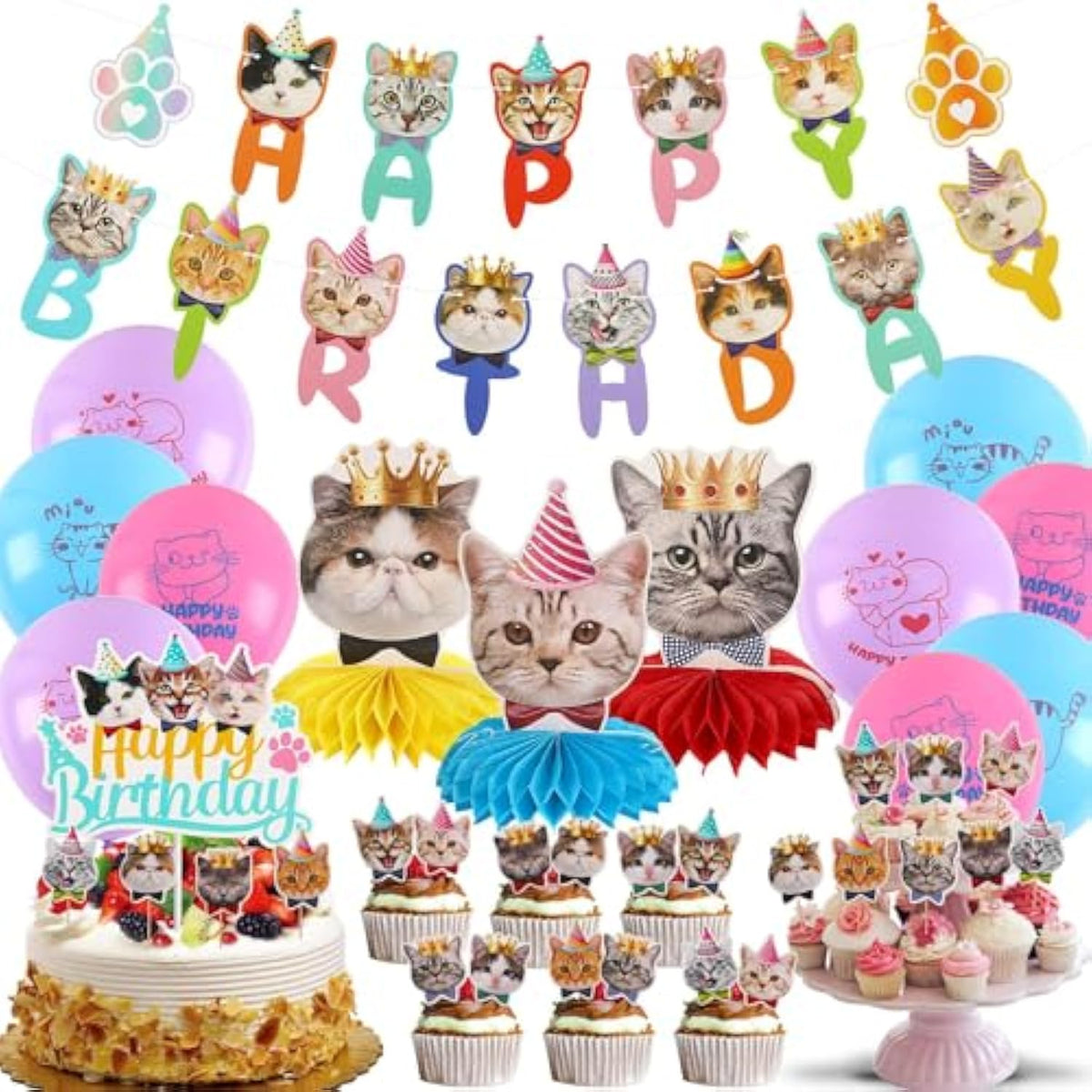 39-Pcs Cat Birthday Party Decorations with Banners, Balloons & Toppers