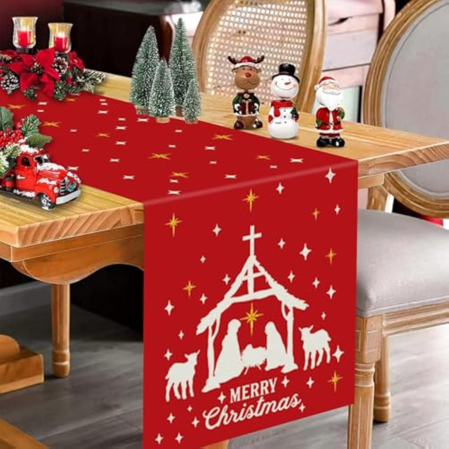 Jesus Christmas Decorations Table Runner Holy Night Nativity Christ Seasonal Winter Merry Christmas Xmas Kitchen Dining Red Table Home Decor 13X72 Inch