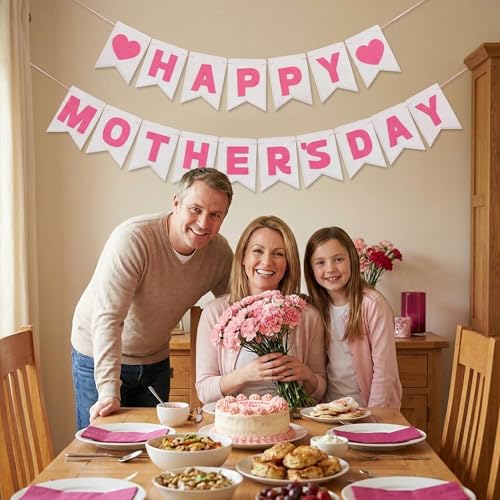 Happy Mother's Day Banner Decorations- Upgraded 3-Layer Felt Mothers Day Decor Sign Banner for Mother's Day Party, Outdoor Celebration, Home Class Office Wall Porch Staircase Decor Pink, No Assembly Required