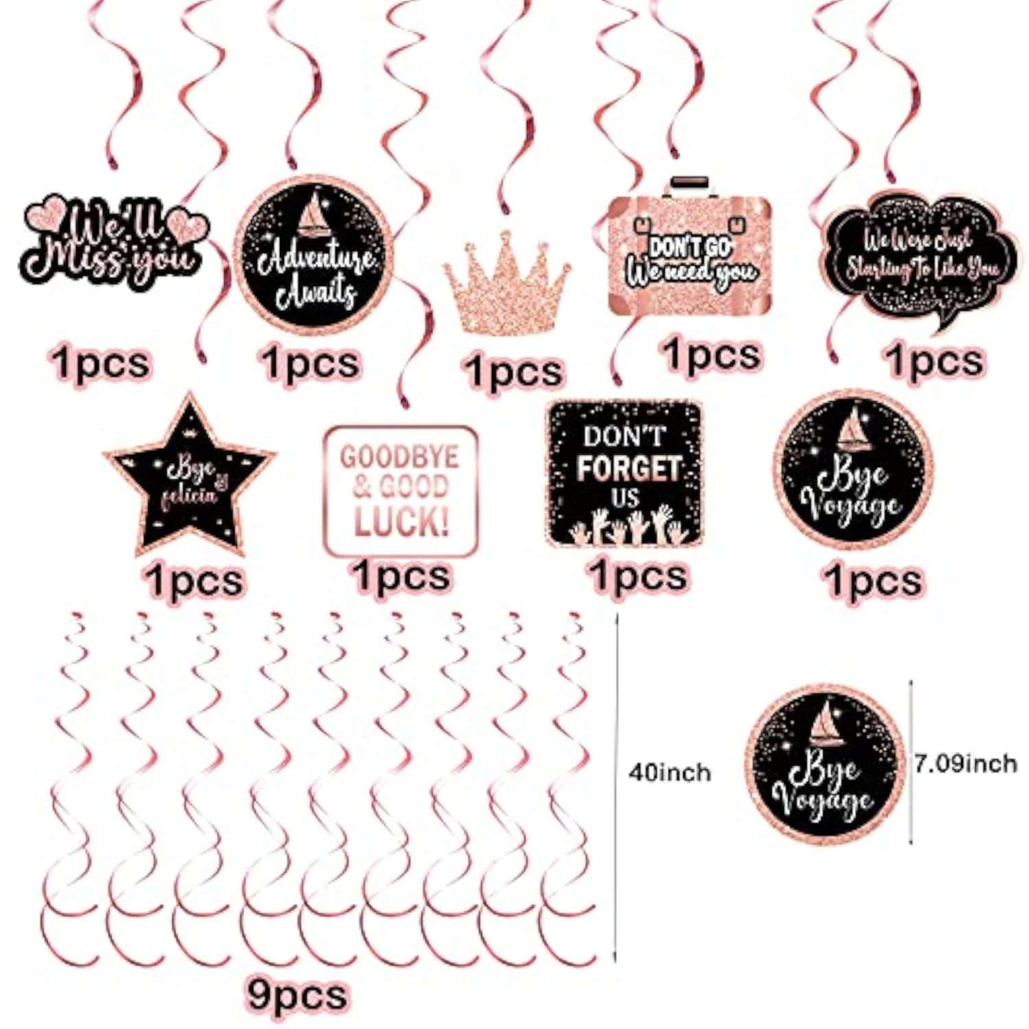 Rose Gold Farewell Party Decor Kit: 'We'll Miss You' Banner & Swirls