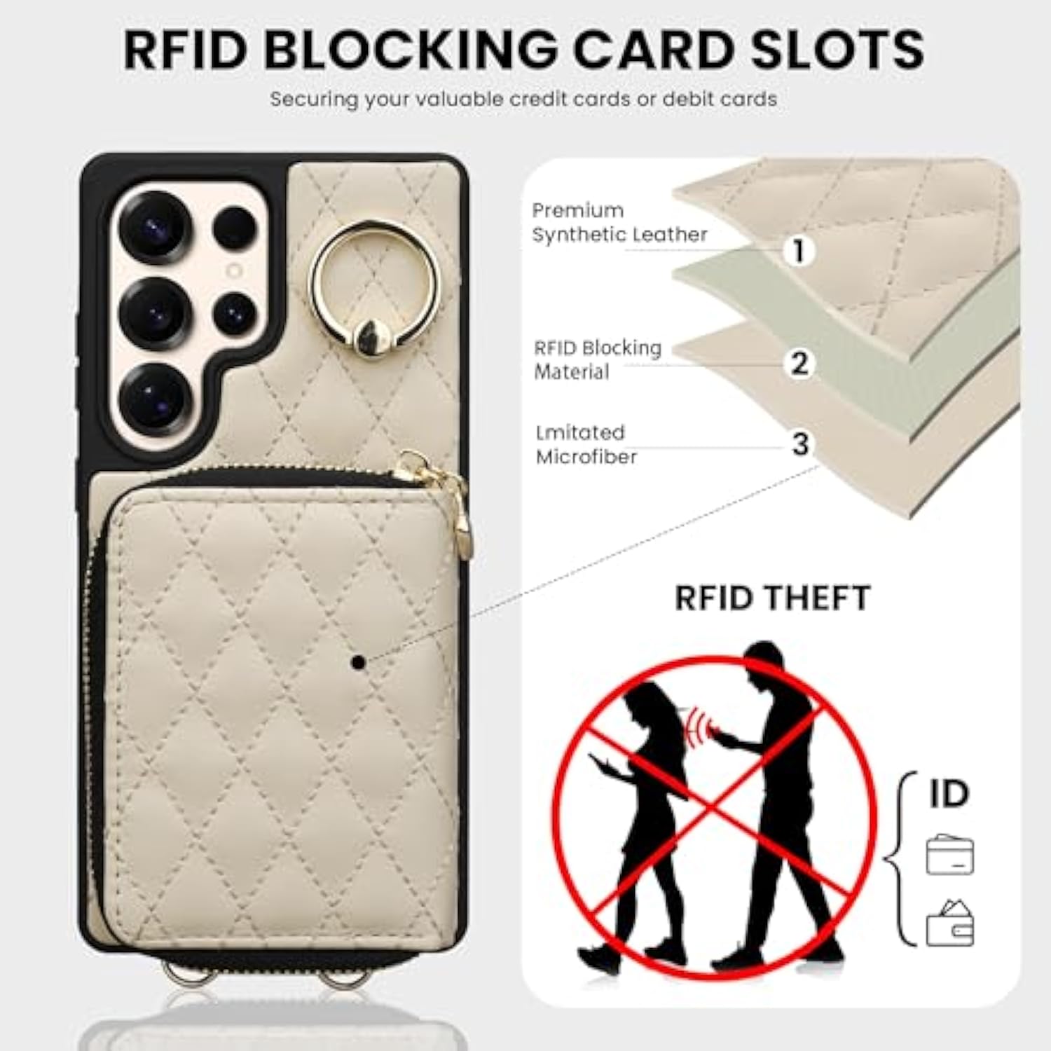 Case For Samsung Galaxy S25 Ultra 6.9'' Wallet Case,Crossbody Zipper Galaxy S25 Ultra Purse Wrist Strap Lanyard Handbag,Rfid Blocking Card Slots,Flip Leather Cover For Samsung S25 Ultra,Beige