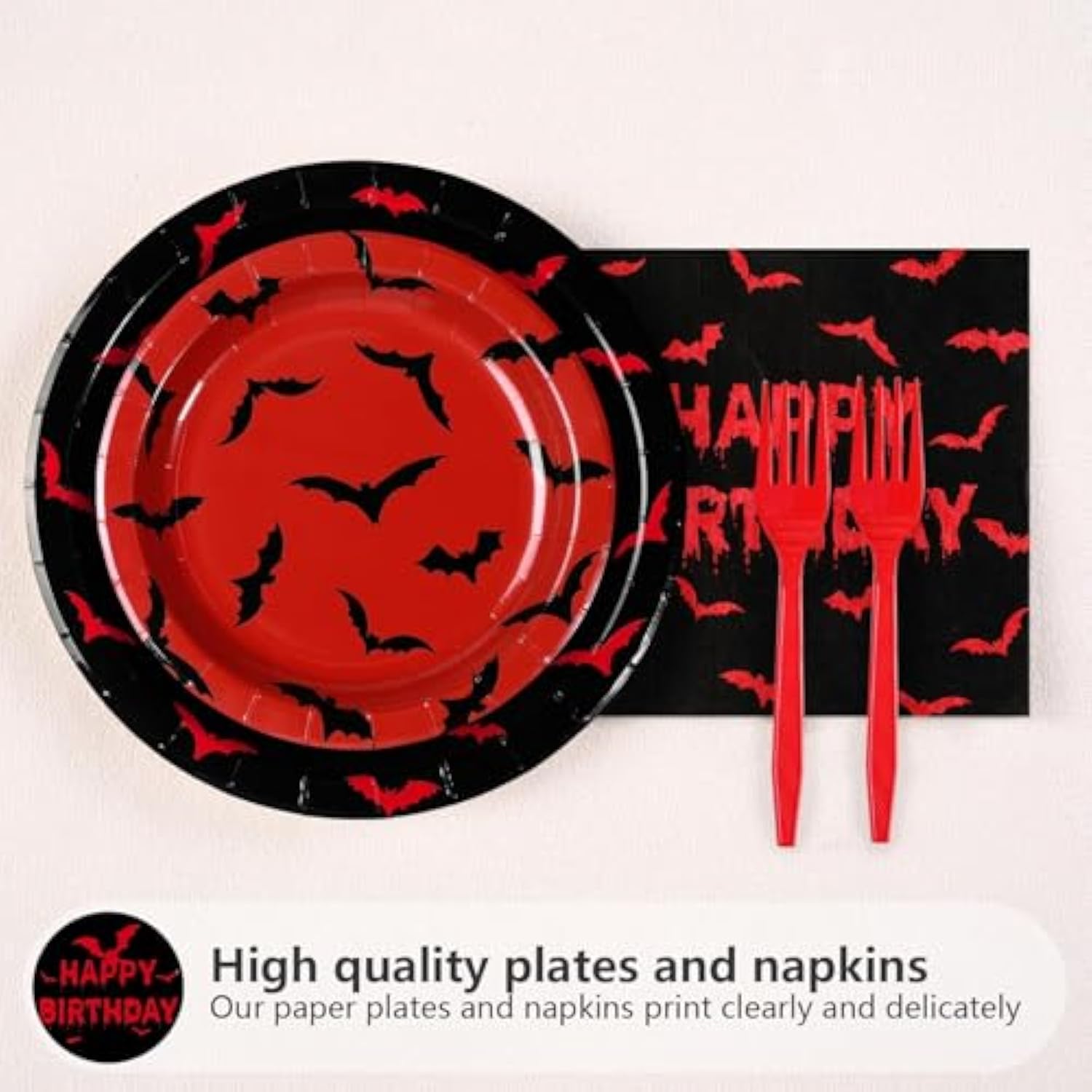 96Pcs Halloween Bats Birthday Party Supplies Bloody Bat Paper Plates And Napkins Red And Black Disposable Tableware For Boy Girl Halloween Birthday Party Decorations Serves 24