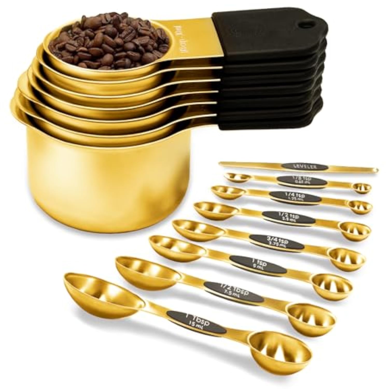 Magnetic Measuring Cups And Spoons Set, Including 7 Stainless Steel Nesting Gold Measuring Cups & 8 Magnetic Gold Measuring Spoons With 1 Leveler For Cooking & Baking