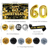 58Pcs 60Th Birthday Decorations For Men Women, 60Th Black Gold Party Supplies Backdrop, Honeycomb Centerpieces, Banner, Hanging Swirls, Foil & Latex Balloon, Cake & Cupcake Toppers, Pompons, Sash