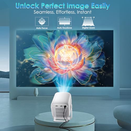 [ Auto Focus / 1080P Native ] Mini Projector 4K, 250 Ansi Lumens, Short Throw Projectors With Wifi And Bluetooth 5.4, Built-In Apps, Outdoor Movie Projector Portable Proyector (2026 Upgrade, White )