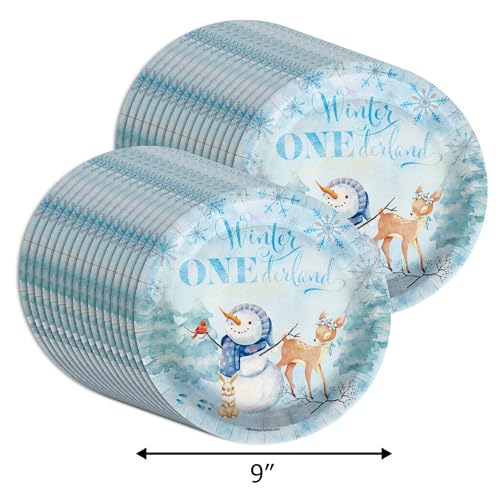 Snowman Winter Onederland First Birthday - 32 Piece Disposable Party Supplies - Decorations for Snowflake Boy's 1st Birthday Round Party Plates - Large 9" Paper Plates In Bulk