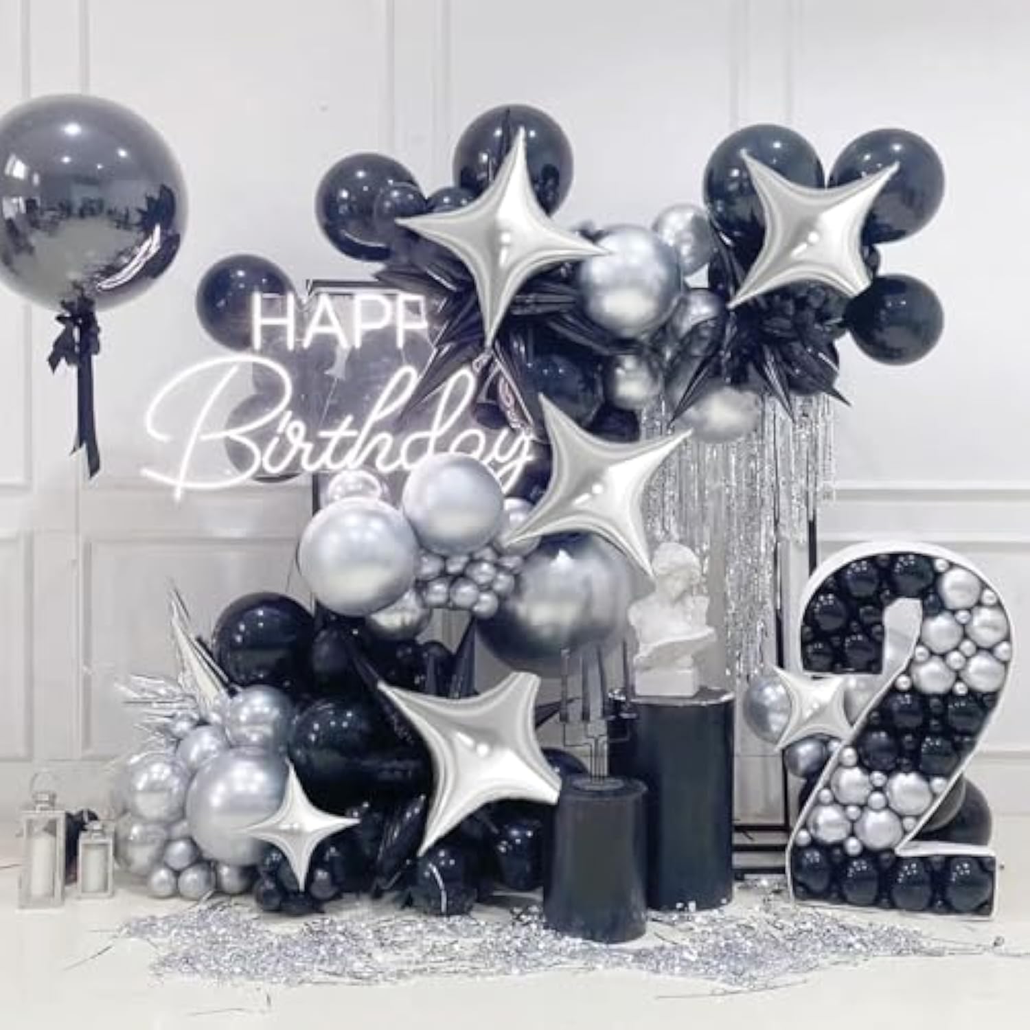 Silver Star Balloons,16Pcs Four Angle Star Balloons Foil,26Inch And 10Inch Silver Foil Mylar Balloons For Birthday Anniversary Baby Shower Wedding Party Decorations