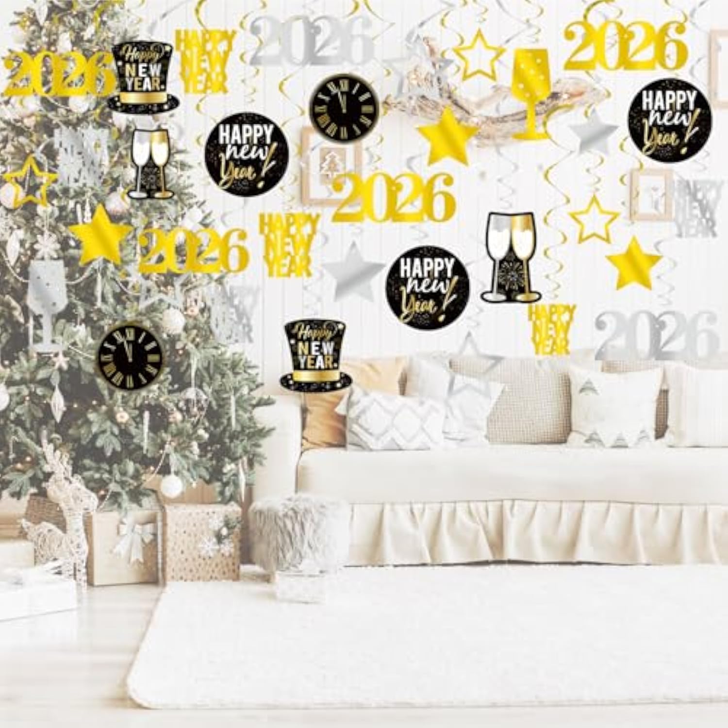 31pcs 2026 New Year Hanging Swirls & Celebration Cards Gold Black