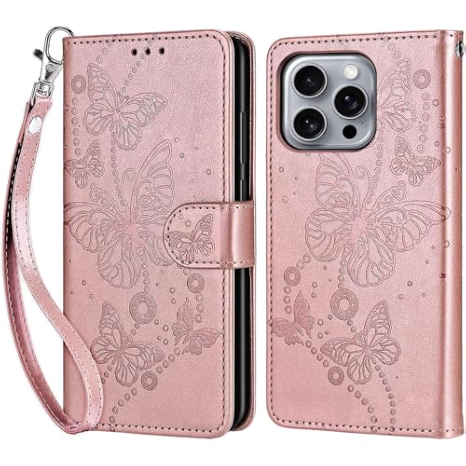 For Iphone 16 Pro Max Wallet Case, Flip Folio Cover With Stand Feature For Women Men, Pu Leather Phone Case Fit For Iphone 16 Pro Max 6.9'' [Rose Gold-Butterfly]
