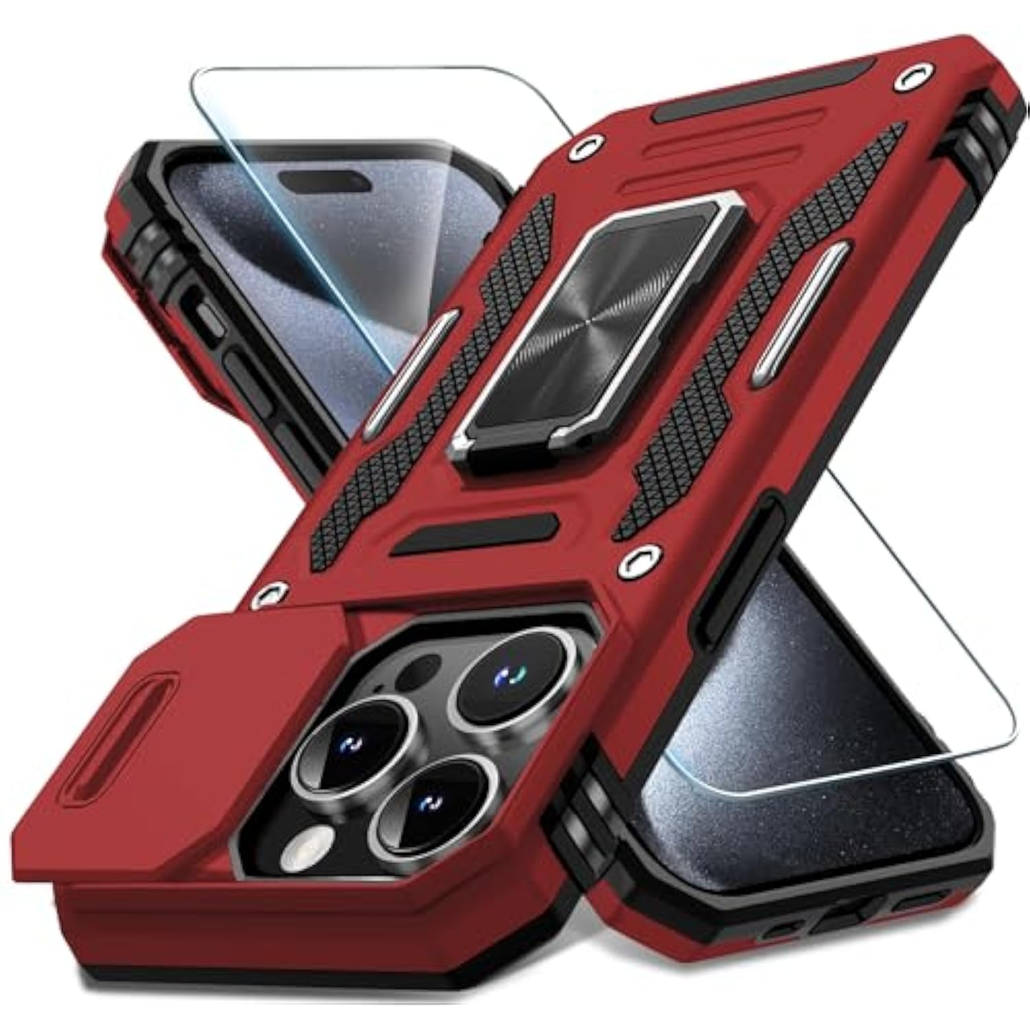 Case For Iphone 15 Pro Max With Slide Camera Cover+Screen Protector(1 Pack), Rotated Ring Kickstand Grade Shockproof Protective Cover 6.7 Inch-Red