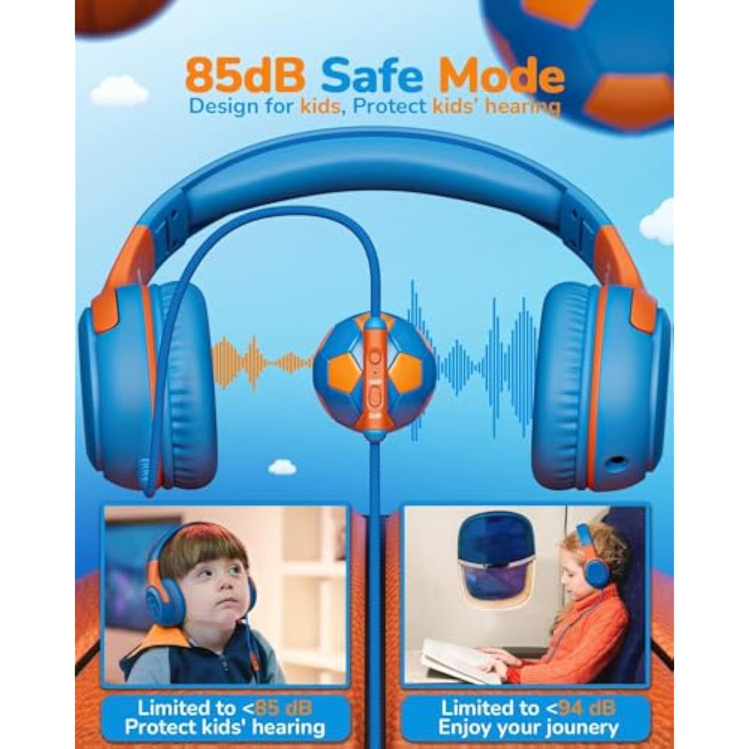 Kids Wired Headphones with Mic, Volume-Limiting, Foldable & Safe for Learning