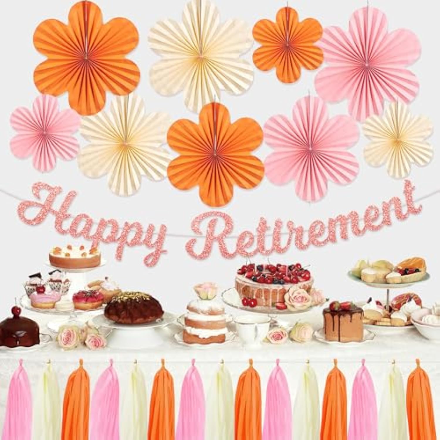 Retirement Party Decorations Women, Pink Orange Happy Retirement Banner Paper Fan Tassel, Flower Themed Office Retired Party Supplies For Coworker, Funny Legend Has Retired Photo Backdrop