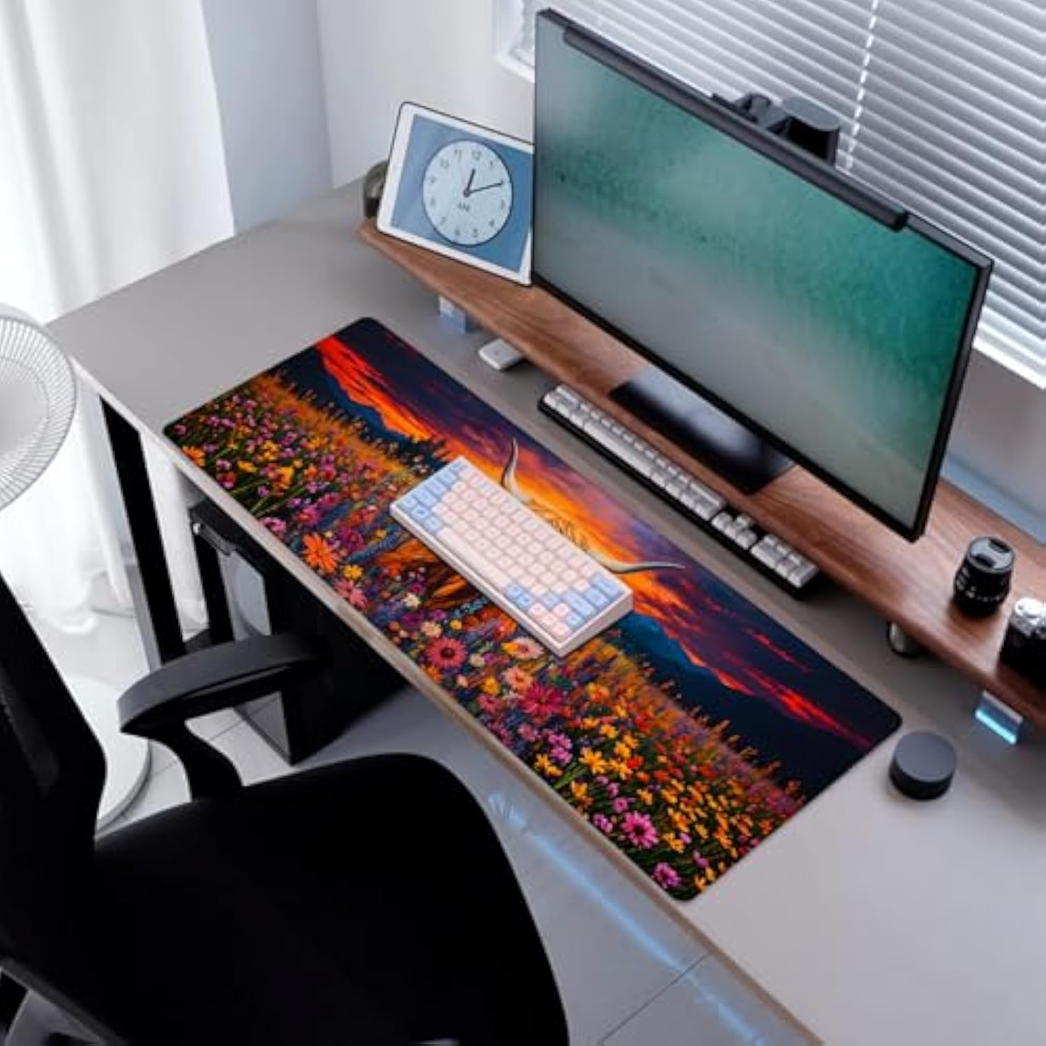 Flower Highland Cow Gaming Mouse Pad, Desk Mat, Non-Slip Rubber Base Cool Aesthetic Mousepads For Computer Laptop Keyboard Office School Home Desktop Accessories Decor 31.5" X 11.8"