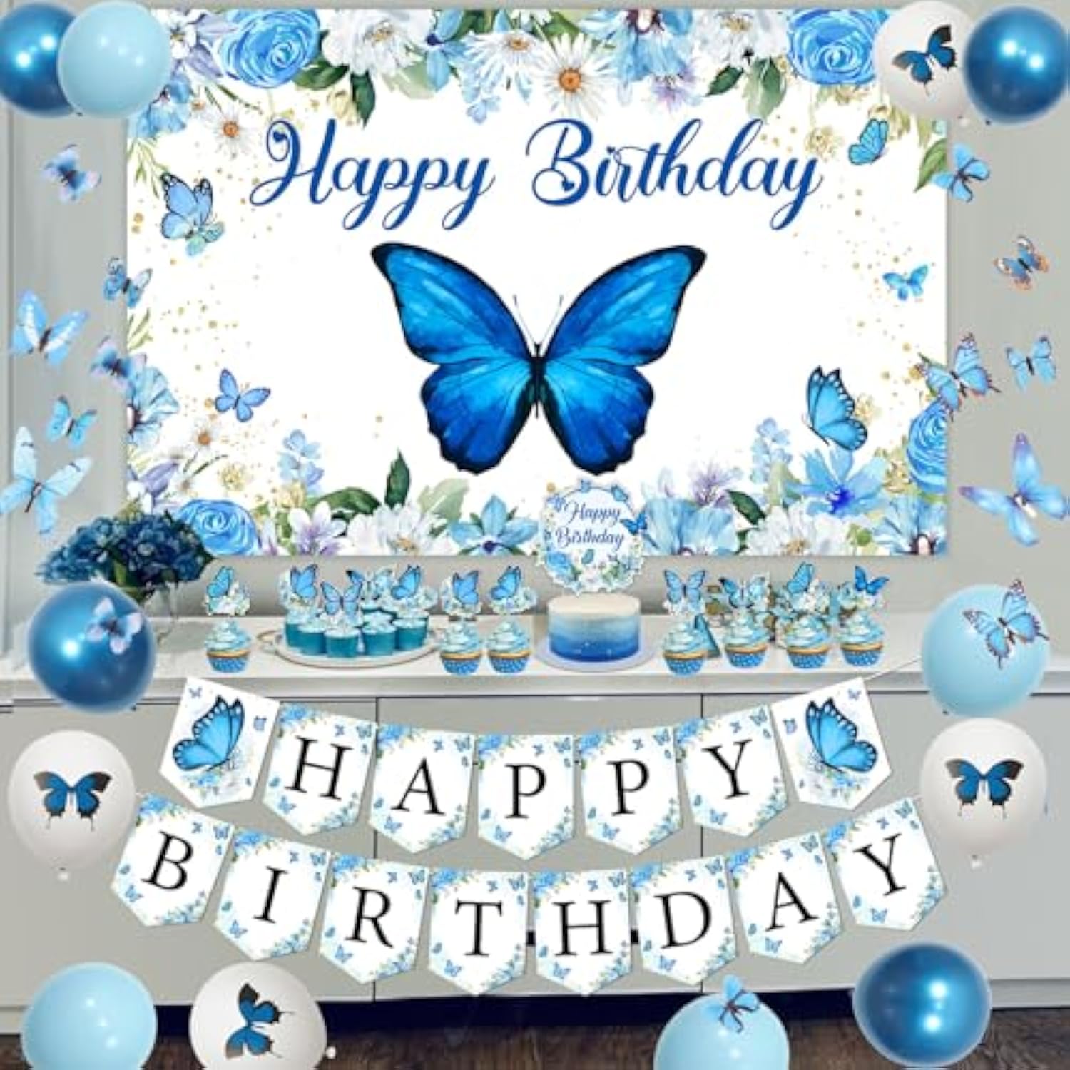 Blue Butterfly Birthday Party Decorations For Girls, Butterfly Happy Banner Backdrop Balloons Cake Cupcake Toppers Wall Stickers For Girl Butterfly Theme Birthday Party Decoration
