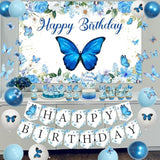 Blue Butterfly Birthday Party Decorations For Girls, Butterfly Happy Banner Backdrop Balloons Cake Cupcake Toppers Wall Stickers For Girl Butterfly Theme Birthday Party Decoration