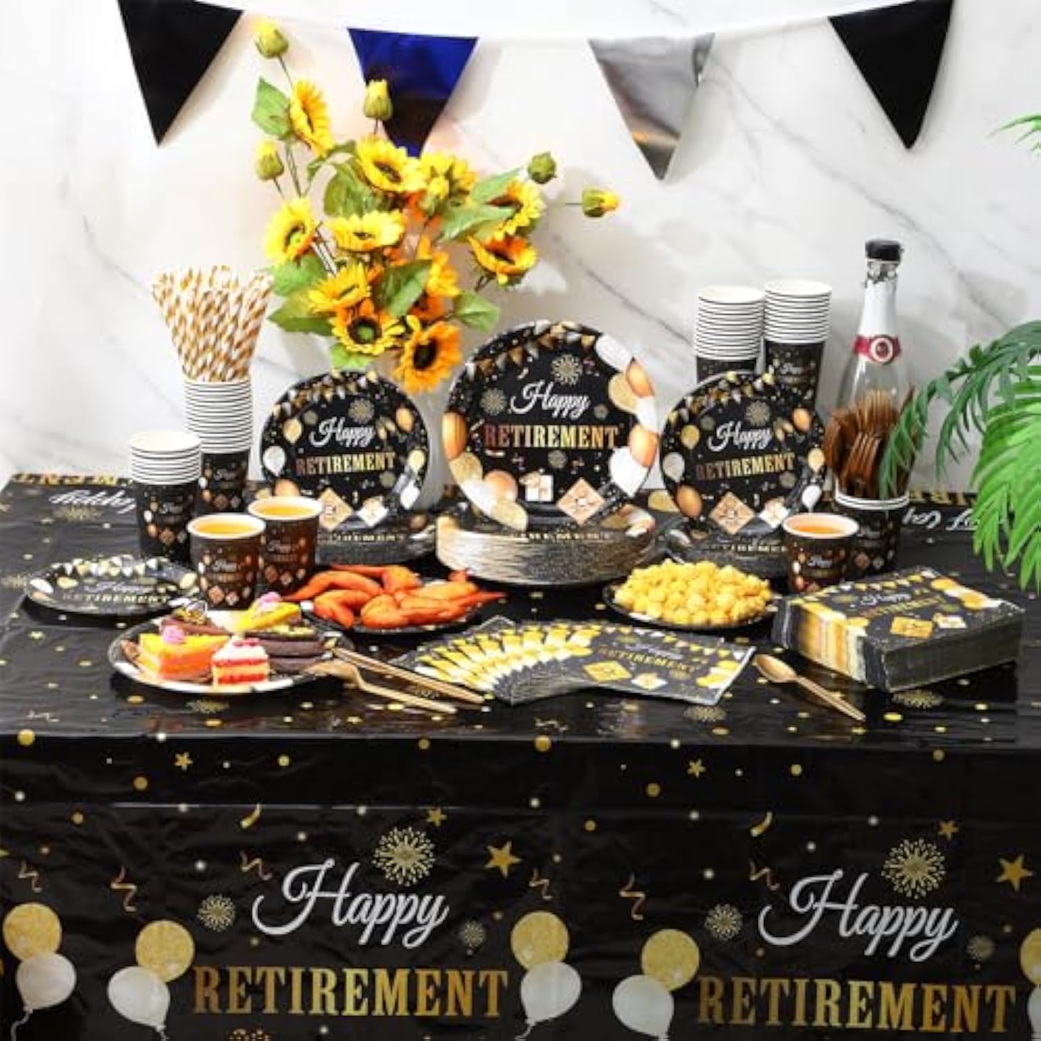452 Pcs Happy Retirement Party Decorations Men Black Gold Retirement Paper Plates And Napkins Cups Tablecloth Cutlery Straws Disposable Tableware Party Supplies For Men Women