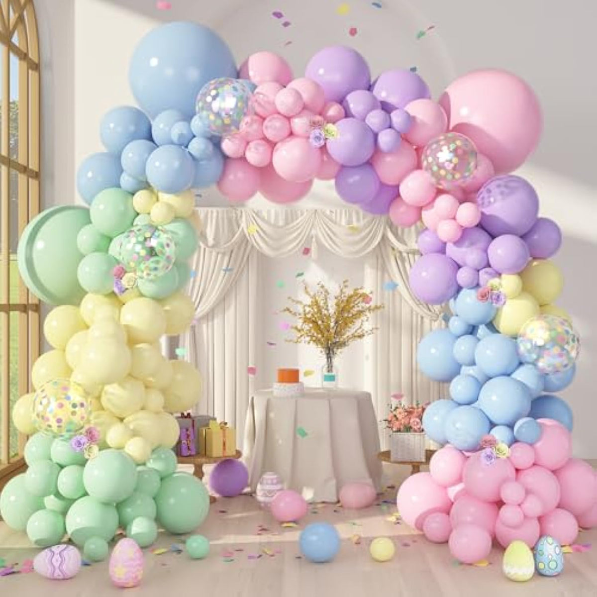 153Pcs Easter Balloon Arch Garland Kit, Different Sizes 18 12 10 5 Inch Pink Blue Green Latex Rabbit Print Confetti Pastel Balloons For Spring Wedding Rainbow Birthday Party Decorations