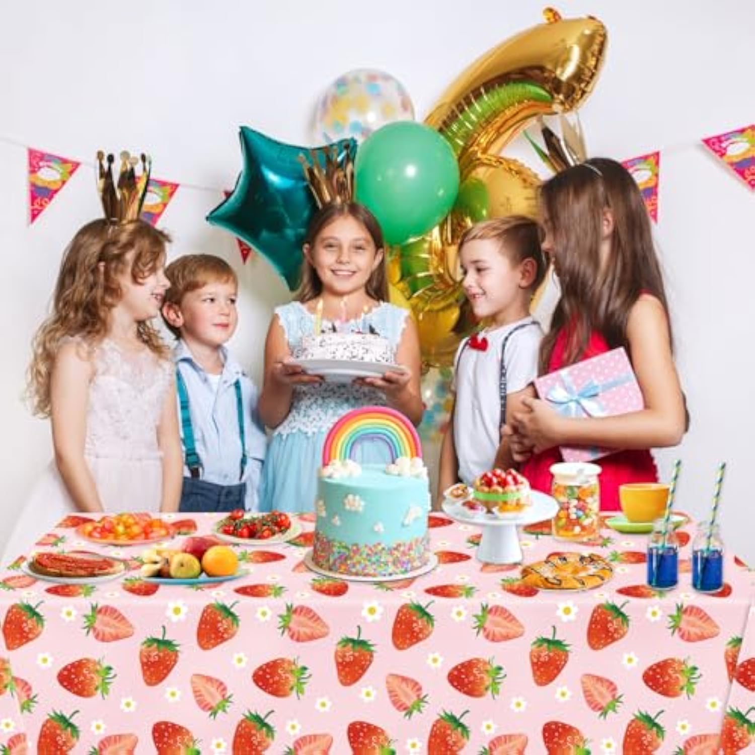 4 Pack Strawberry Tablecloths Berry Sweet Plastic Table Cover For Birthday Decorations Strawberry Baby Shower Party Decorations, 54 X 108 Inch