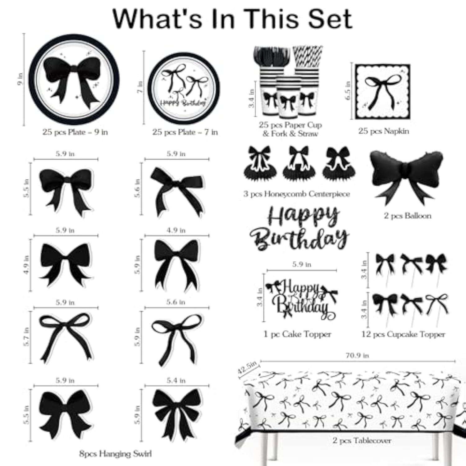 Black Bow Birthday Decorations, Bow Birthday Foil Balloons Paper Plates And Napkins, 2 Pcs Waterproof Tablecloth For Coquette Black And White Party Decor