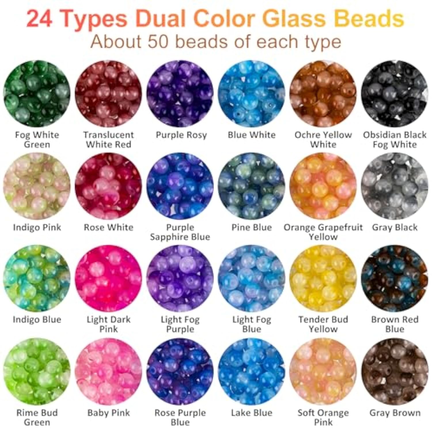 1200PCS 6mm Glass Beads Kit, 24 Colors for Jewelry Making & DIY Crafts