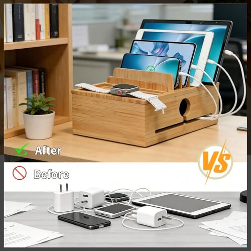 Bamboo Charging Station Organizer for Multi-Devices with Tray, Nightstand Desk Electronic Organizer Stand for Cell Phone, Tablet, Etc (with 5-Cable,