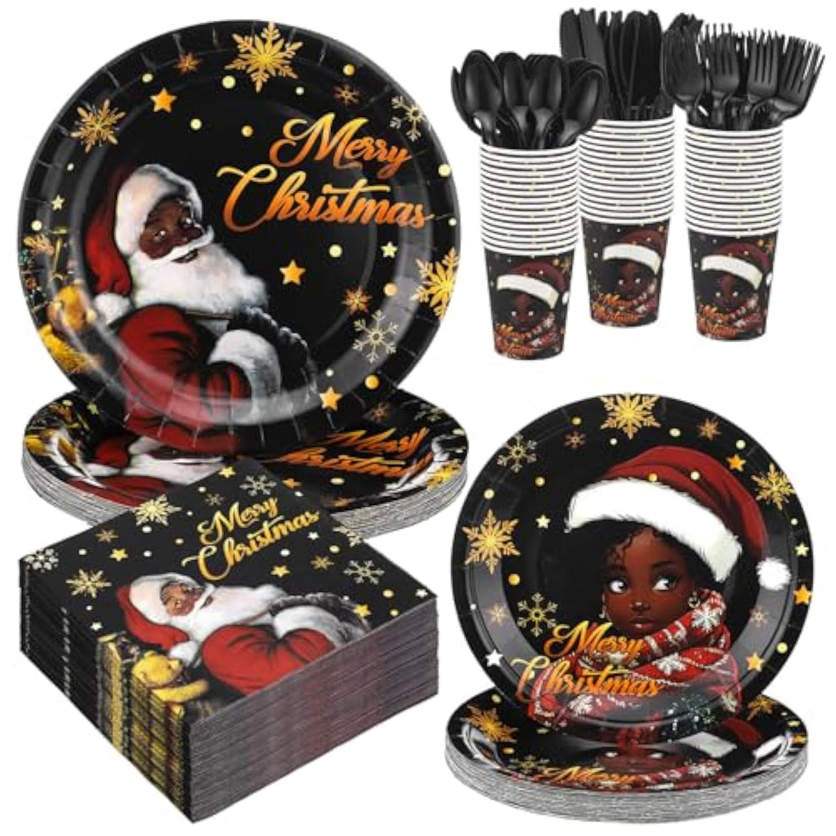 194 Pcs Black Santa Christmas Decorations Black African American Claus Girl Christmas Disposable Paper Dinnerware Set Includes Plates Cups Napkins Knives Forks Spoons For Xmas Party Supplies