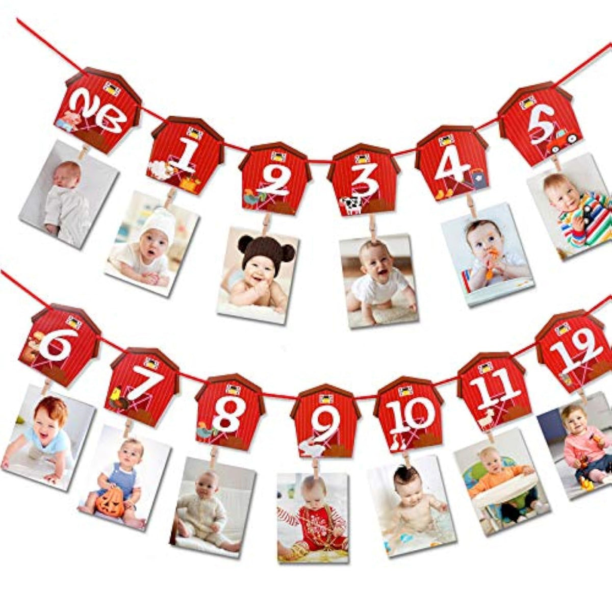 Farm Animal 1st Birthday Photo Banner – Newborn to 12 Month Milestone Party Decoration