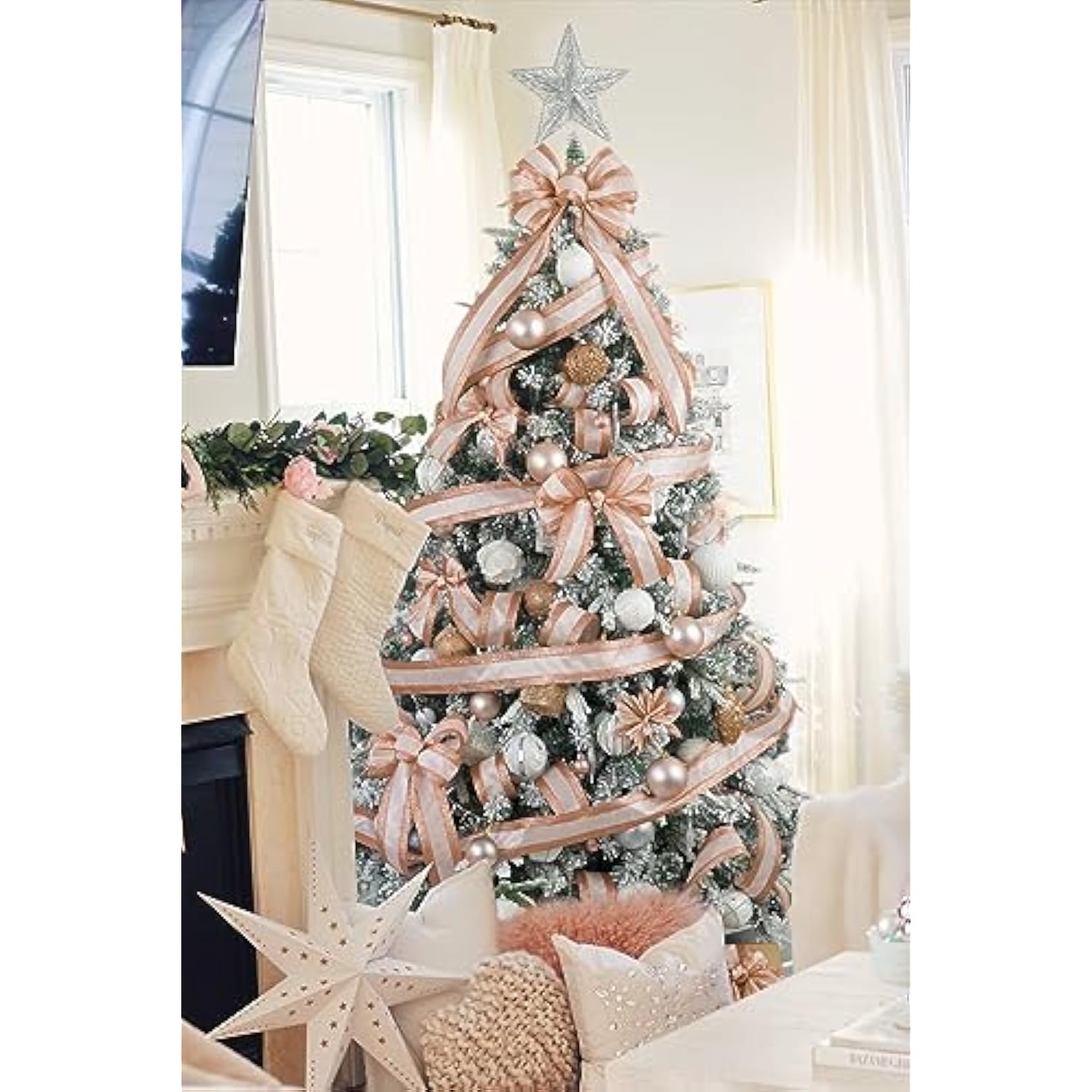 Rose Gold Wired Satin Ribbon With Glitter Stripe Edges 2.5 Inch, Rose Gold Christmas Ribbon For Tree, Bows Making, Wreath Supplies, Gift Wrapping Garland, Home Decor, Crafts -10 Yards