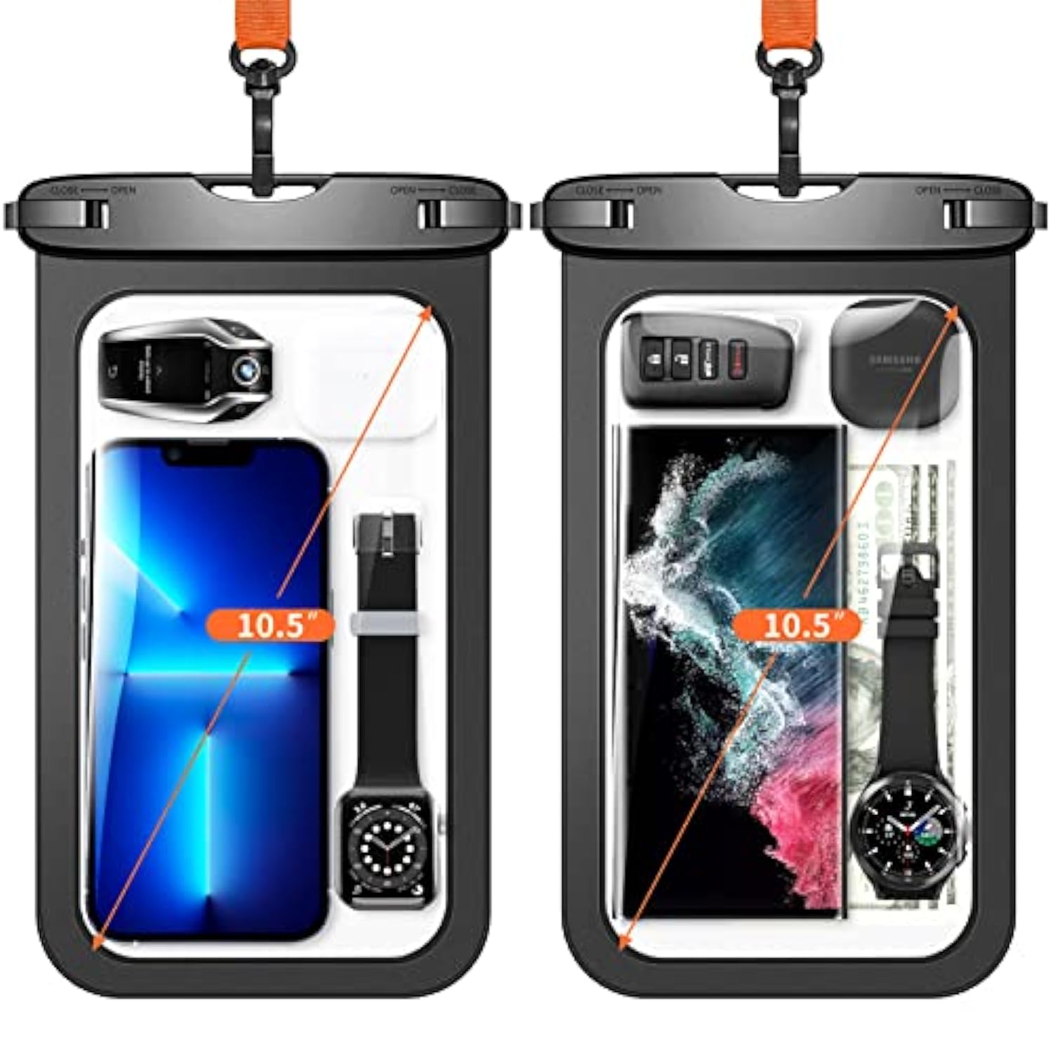 10.5" Large Waterproof Phone Pouch, 2 Pack Universal Ipx8 Waterproof Dry Bag With Lanyard For 16 15 14 Pro Max, Samsung Galaxy S25 S24 S23 Ultra, S24 Fe, Pixel 9A 8 Pro, Black+Black