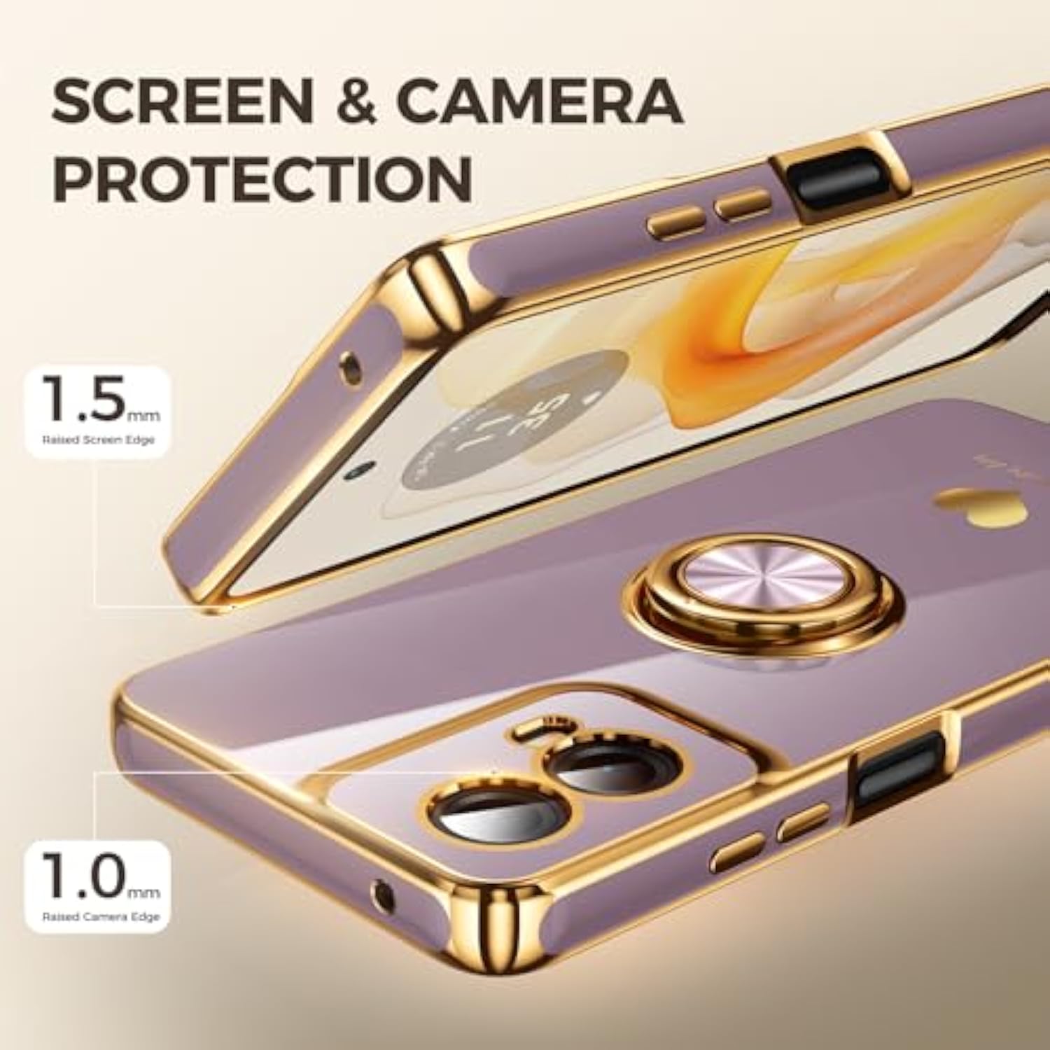 For Moto G Play 2024 Case With 2 Pack Screen Protector, 360° Rotatable Ring Holder [Luxury Hearts Pattern] Plating Gold Edge Slim Soft Phone Case For Moto G Play 4G 2024 - Light Purple