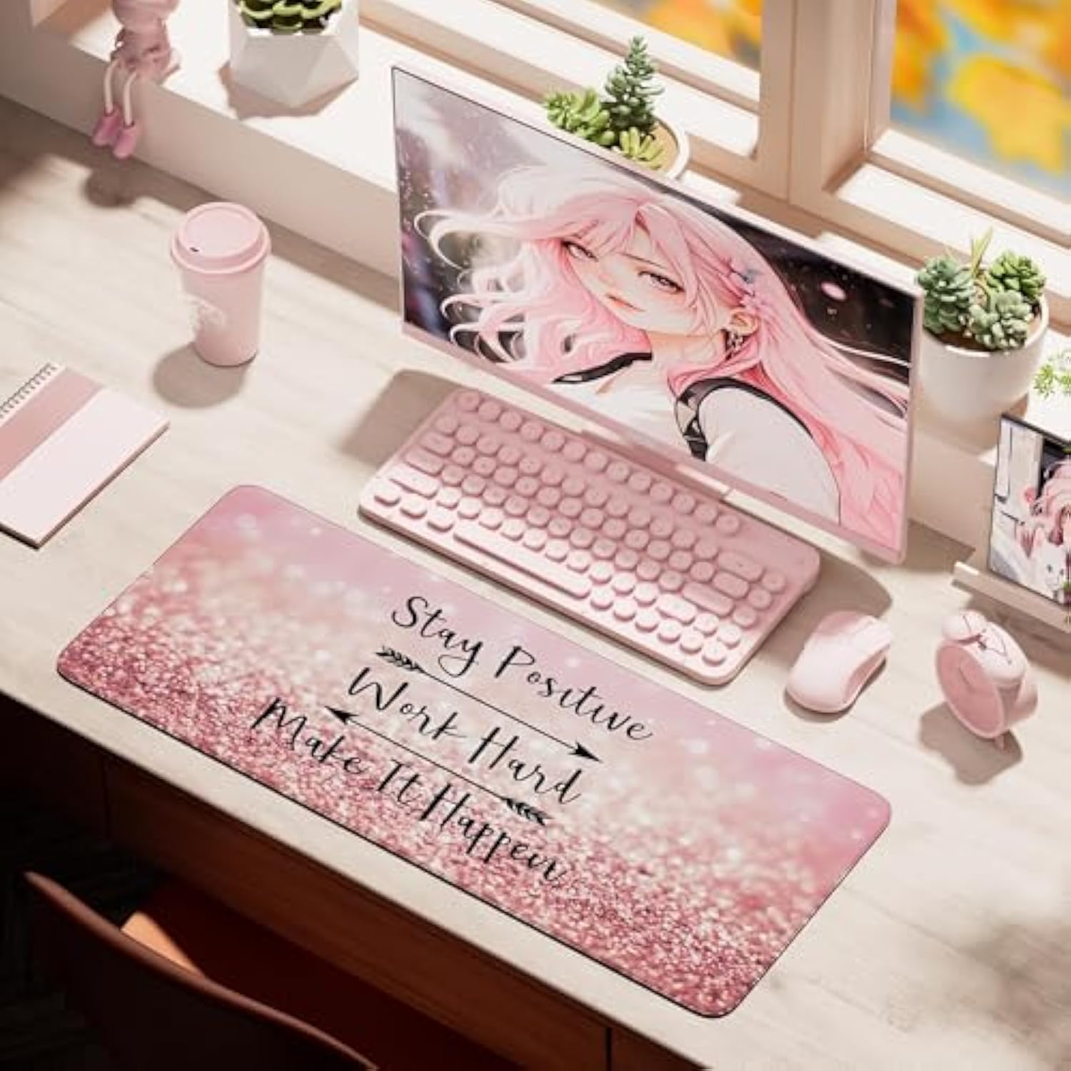 Desk Mat,Large Mouse Pad 35''×15.6'' Xxl Extended Gaming Mouse Pad Mat With Non-Slip Base Stitched Eges Mousepad For Computer,Office,Keyboard And Laptop - Pink Stay Positive