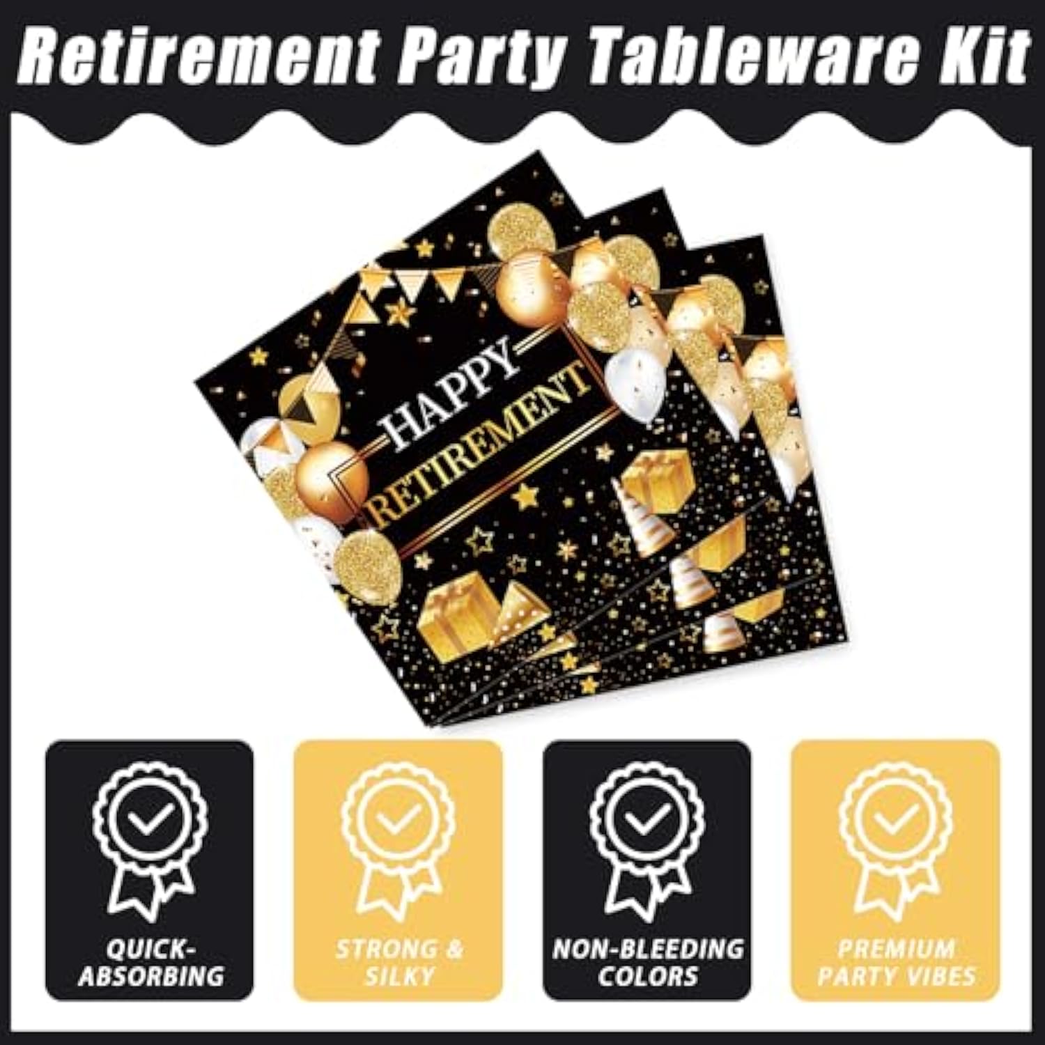 96-Piece Retirement Party Tableware Set – Gold & Black Disposable Plates and Napkins for 24
